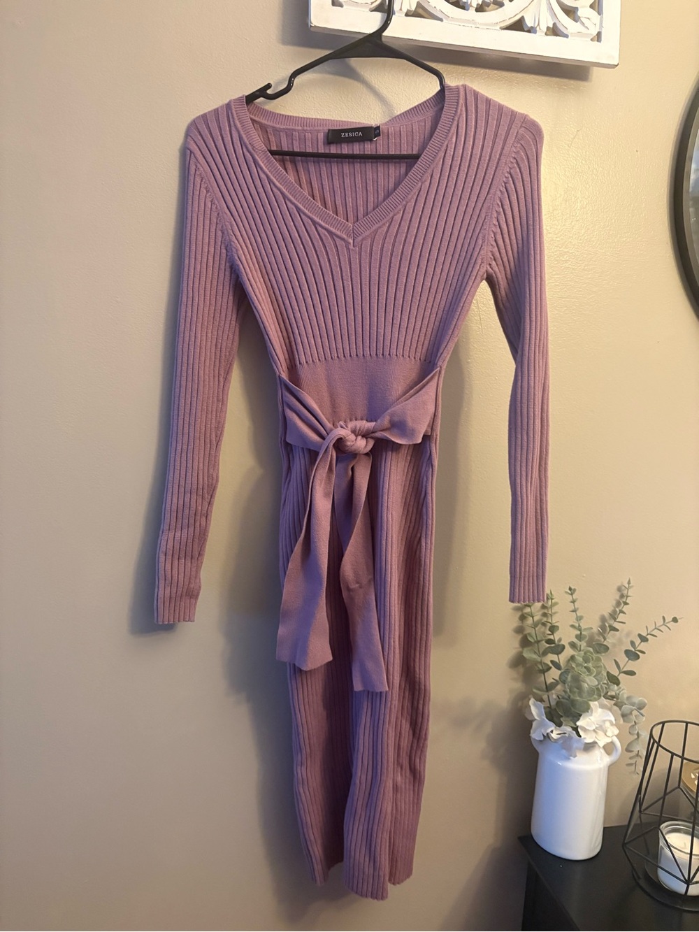 Zesica Lavender Ribbed Tie-Waist Long Sleeve Dress